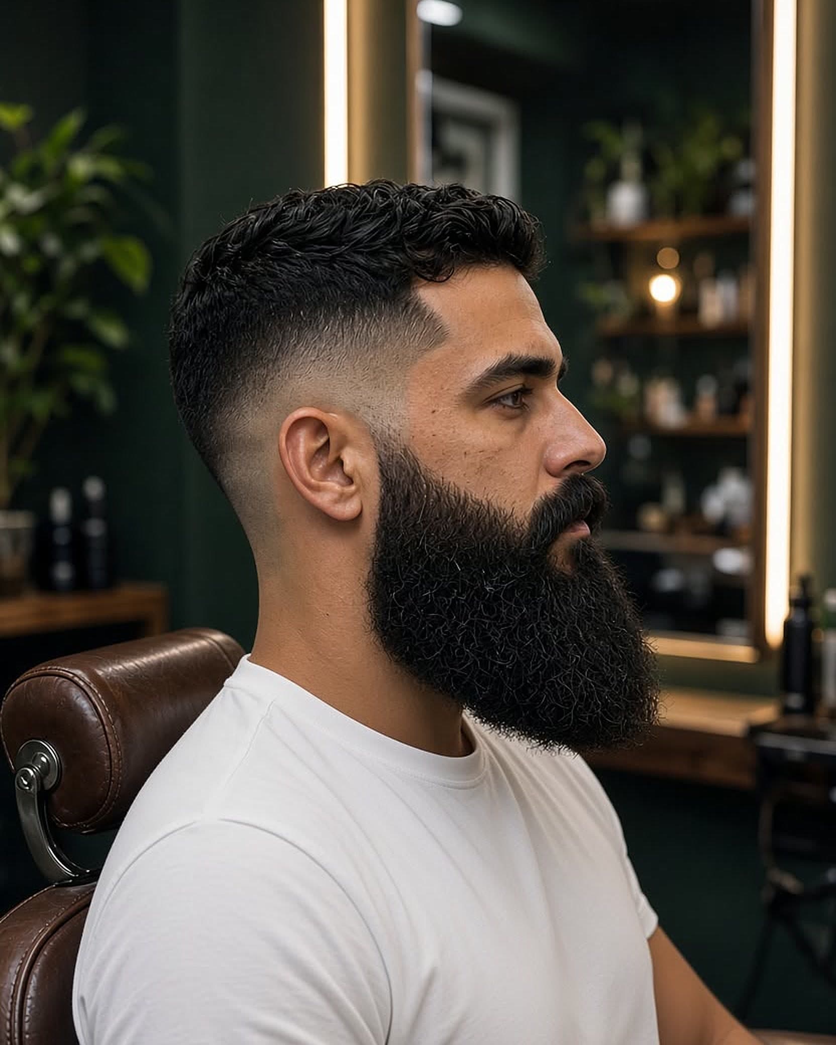 Homem com barba cheia aparada e degradê nas laterais